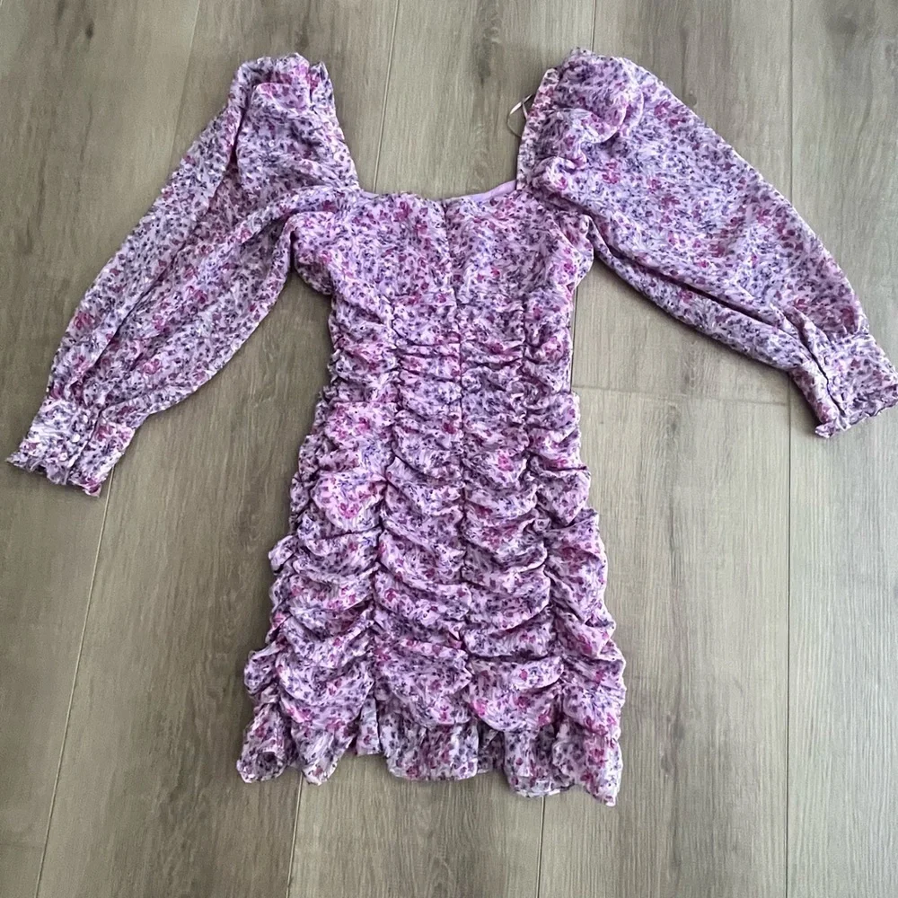 Zara Dress XS Mini Purple Floral Ruched‎ Chiffon Balloon Sleeves Elasticated - Picture 5 of 14